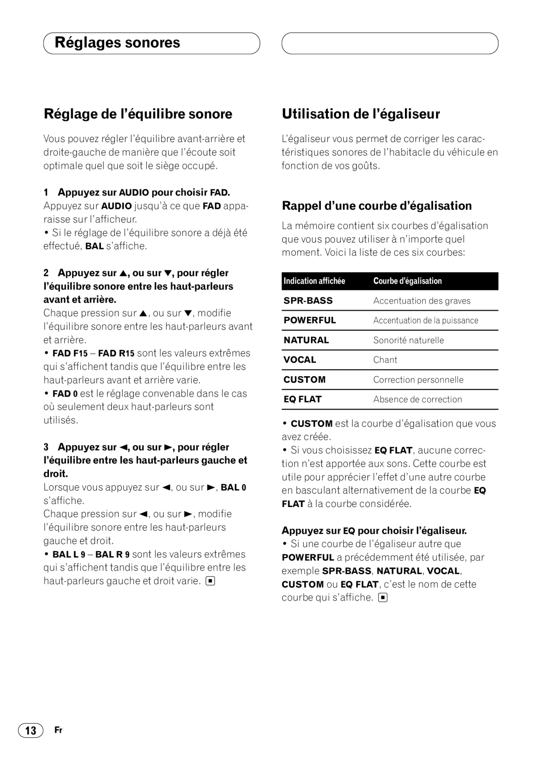 Pioneer DEH-1400RB, DEH-1430R operation manual Réglages sonores, Réglage de l’équilibre sonore, Utilisation de l’égaliseur 