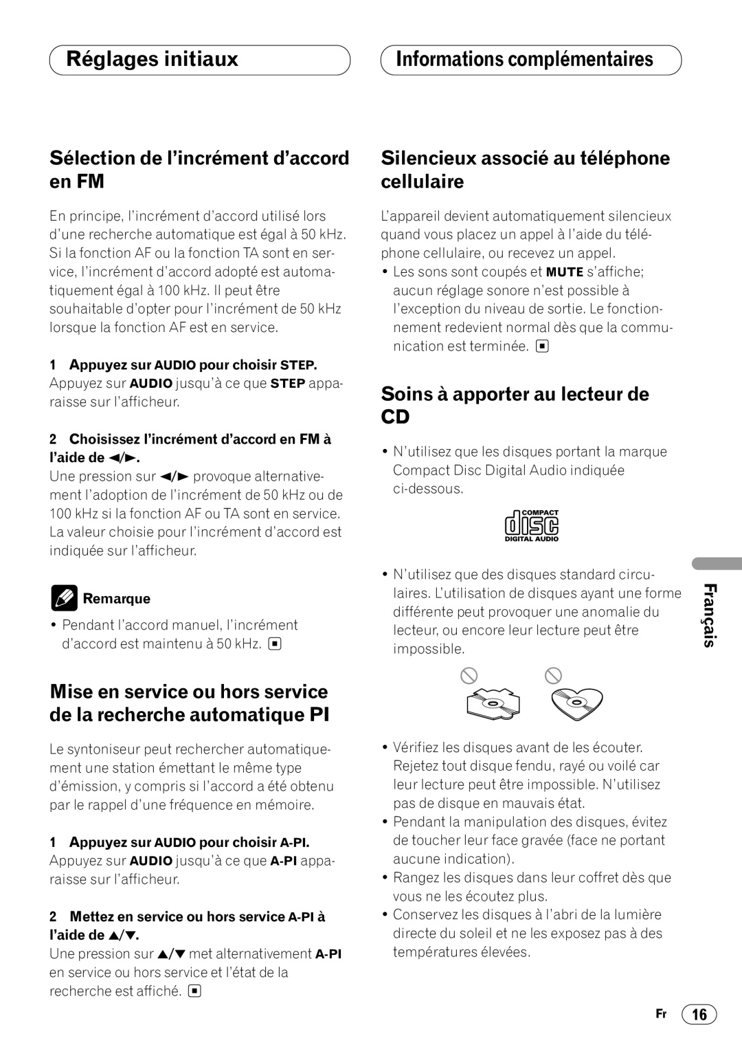 Pioneer DEH-1400RB, DEH-1430R Sélection de l’incrément d’accord en FM, Silencieux associé au téléphone Cellulaire 