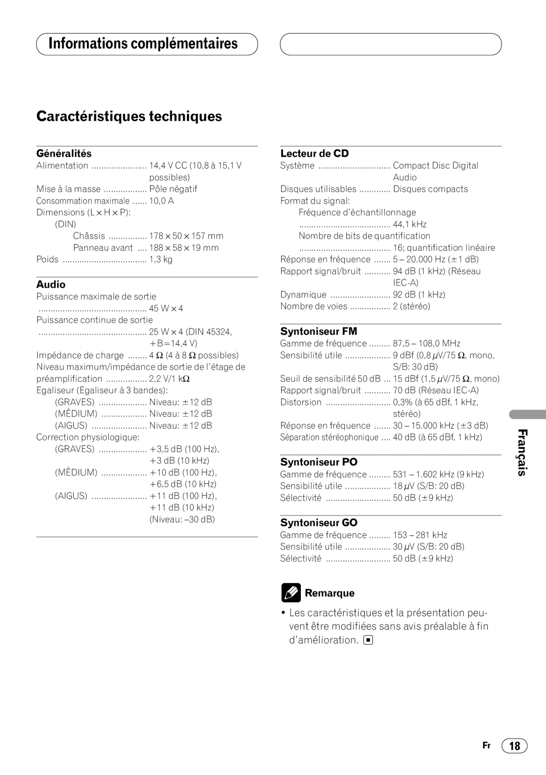 Pioneer DEH-1430R, DEH-1400RB operation manual Caractéristiques techniques 