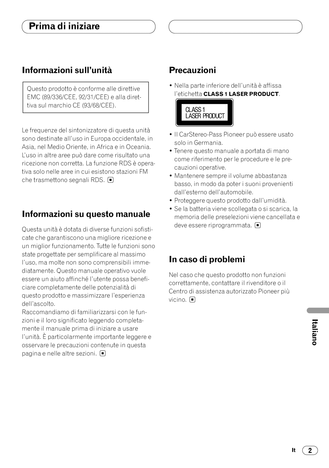 Pioneer DEH-1400R, DEH-1430R Prima di iniziare, Informazioni sull’unità, Informazioni su questo manuale, Precauzioni 