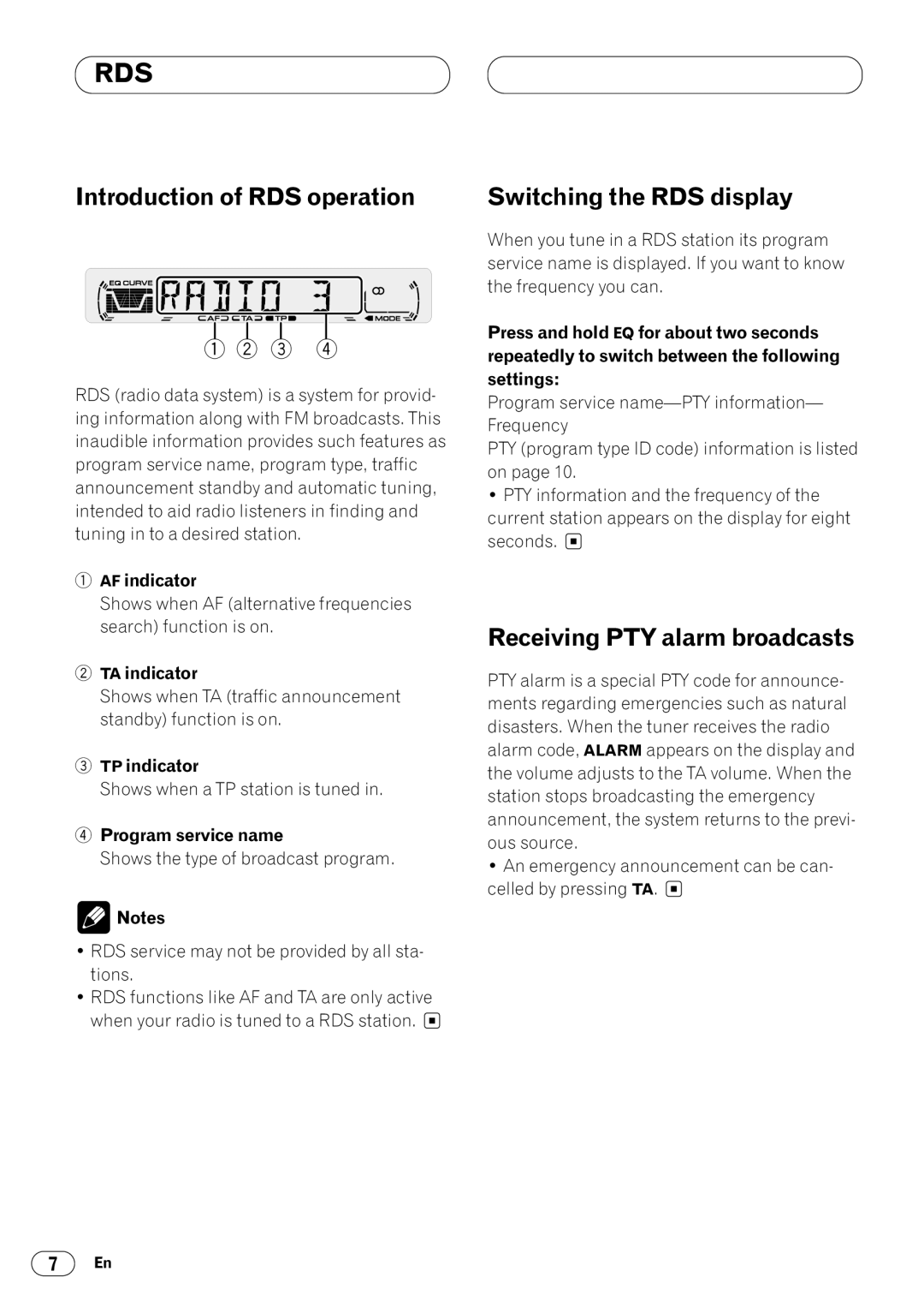 Pioneer DEH-1400RB, DEH-1430R Introduction of RDS operation, Switching the RDS display, Receiving PTY alarm broadcasts 