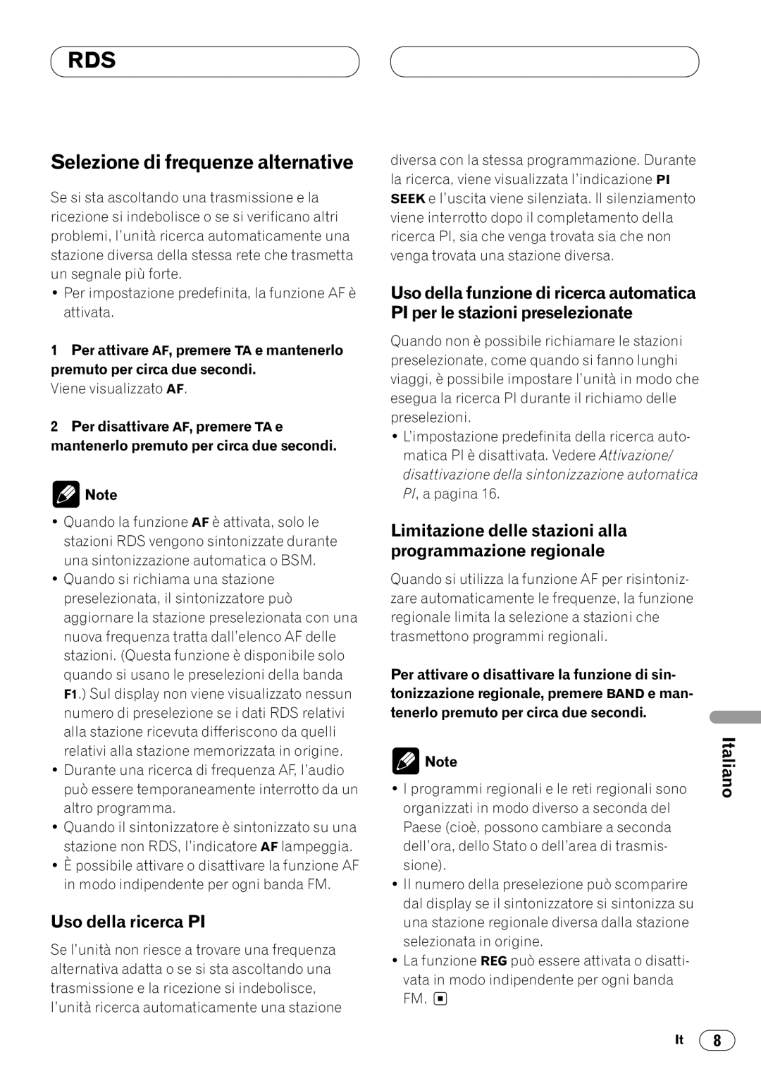 Pioneer DEH-1400R, DEH-1430R Selezione di frequenze alternative, Uso della ricerca PI, PI per le stazioni preselezionate 