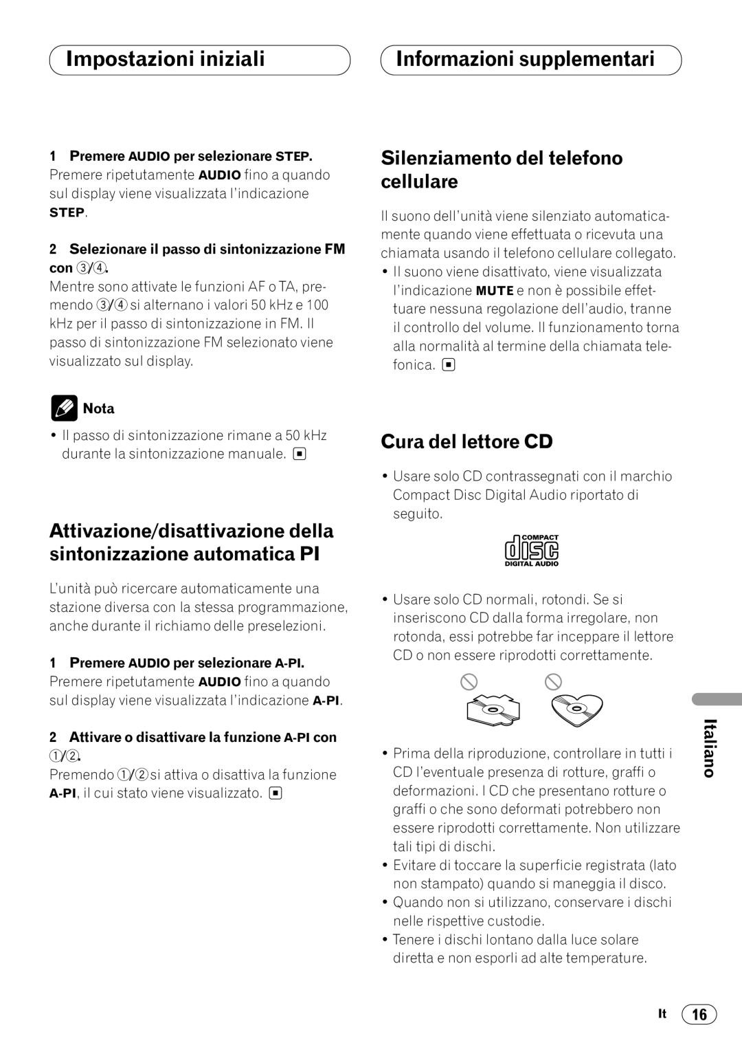 Pioneer DEH-1400RB, DEH-1430R Informazioni supplementari, Silenziamento del telefono Cellulare, Cura del lettore CD 