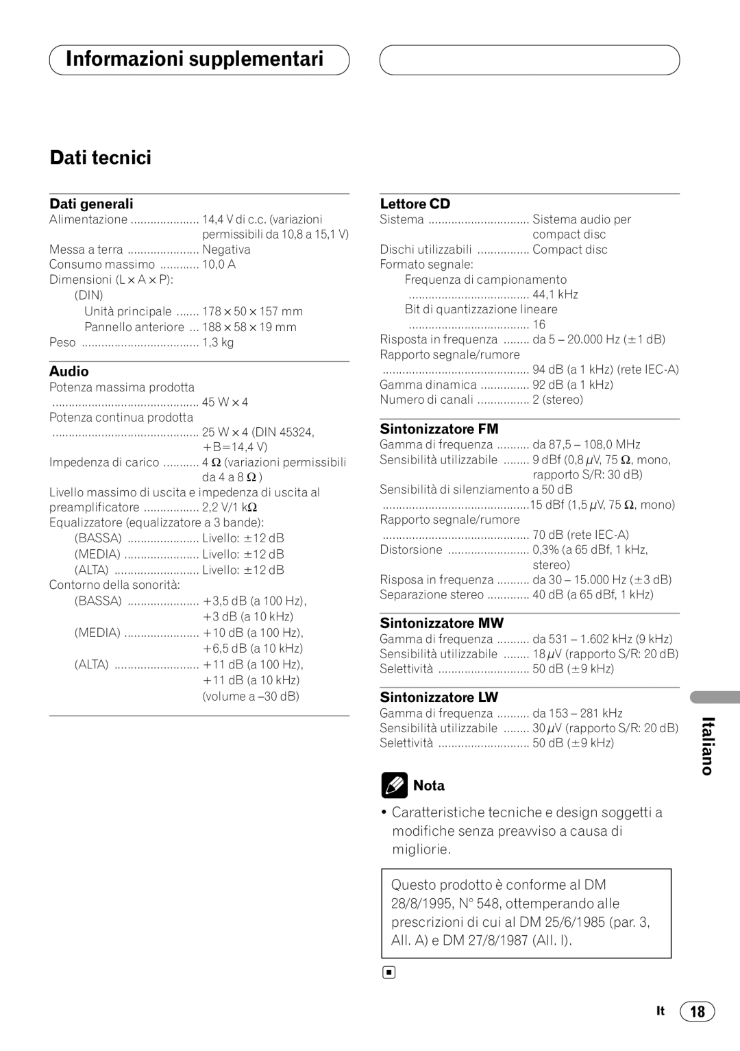 Pioneer DEH-1430R, DEH-1400RB operation manual Dati tecnici 