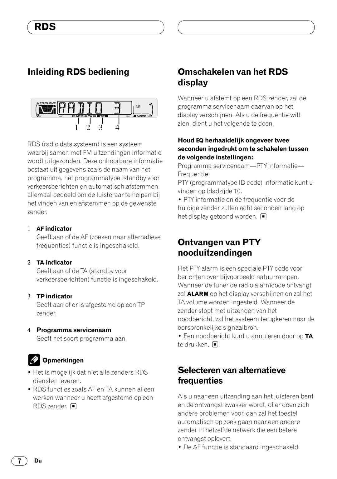 Pioneer DEH-1400RB Inleiding RDS bediening, Omschakelen van het RDS display, Selecteren van alternatieve frequenties 