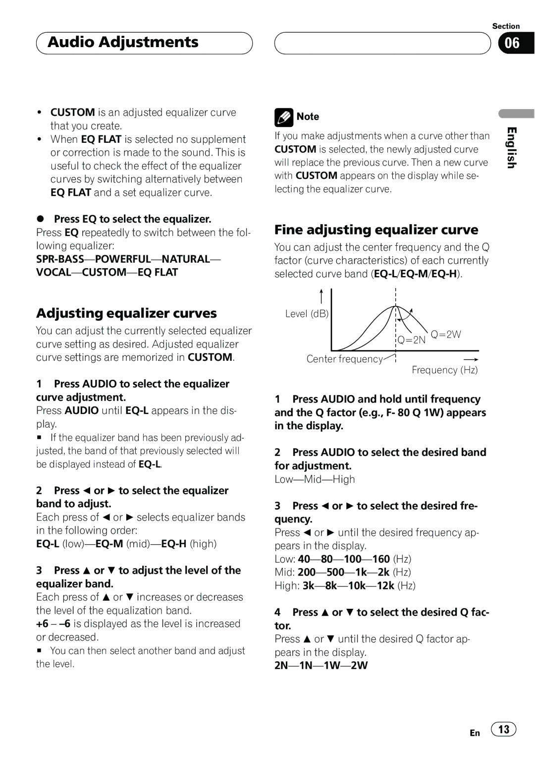 Pioneer DEH-15 operation manual Level dB =2N Q=2W Center frequency Frequency Hz 