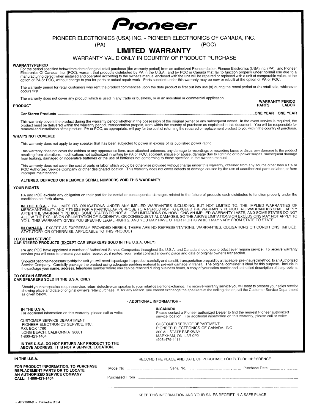 Pioneer DEH-15 operation manual 