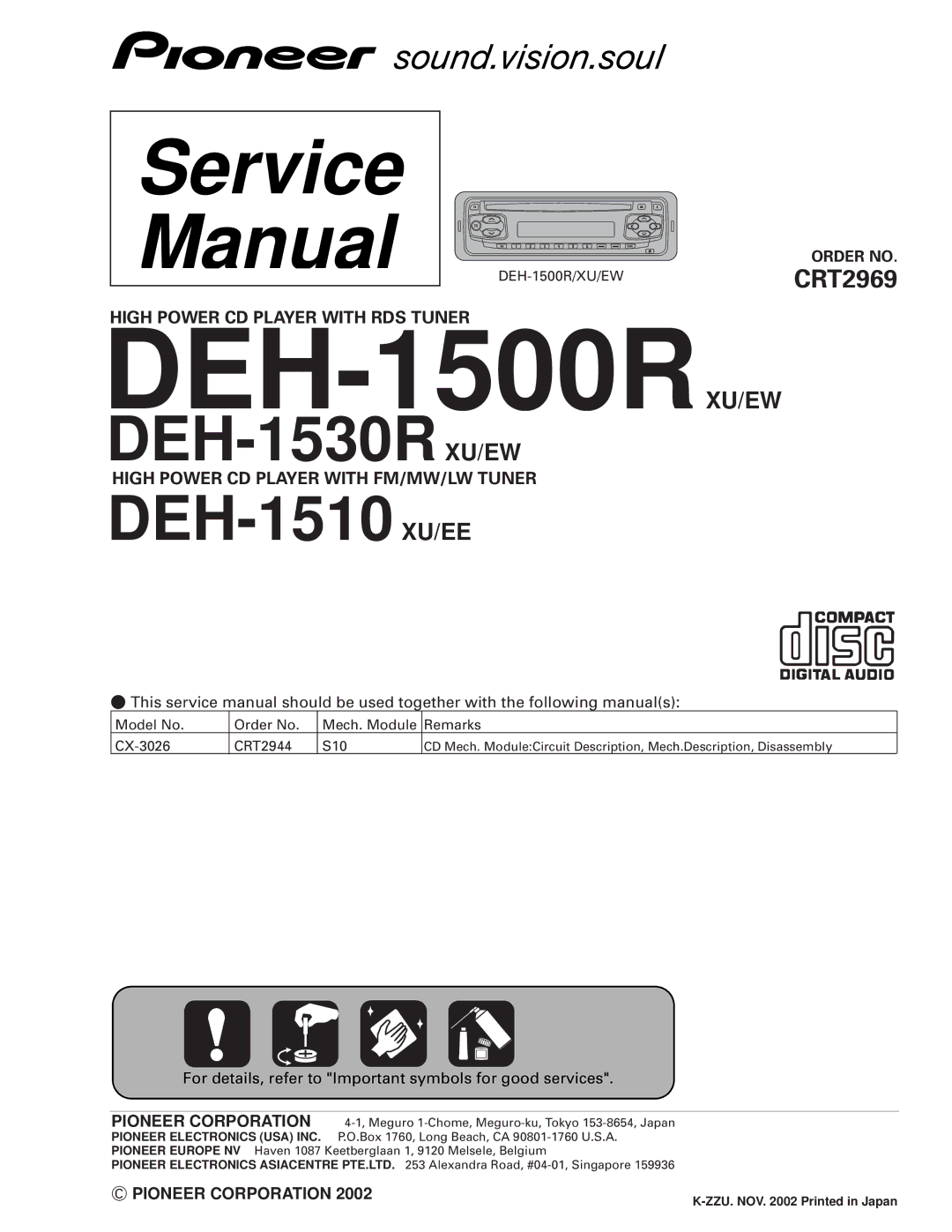 Pioneer DEH-1510XU/EE, DEH-1530RXU/EW service manual DEH-1500RXU/EW 