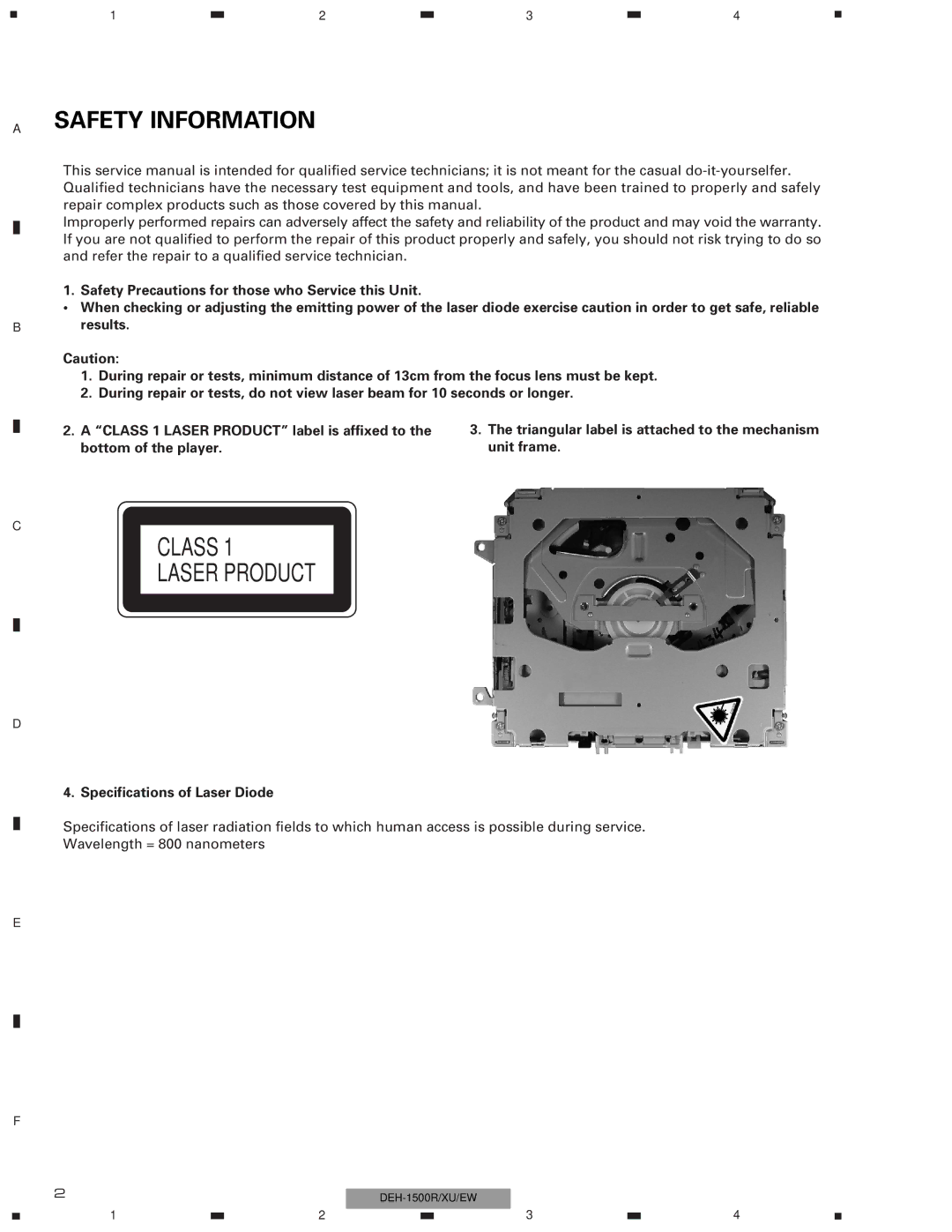 Pioneer DEH-1530RXU/EW, DEH-1500RXU/EW, DEH-1510XU/EE service manual Class Laser Product, Safety Information 