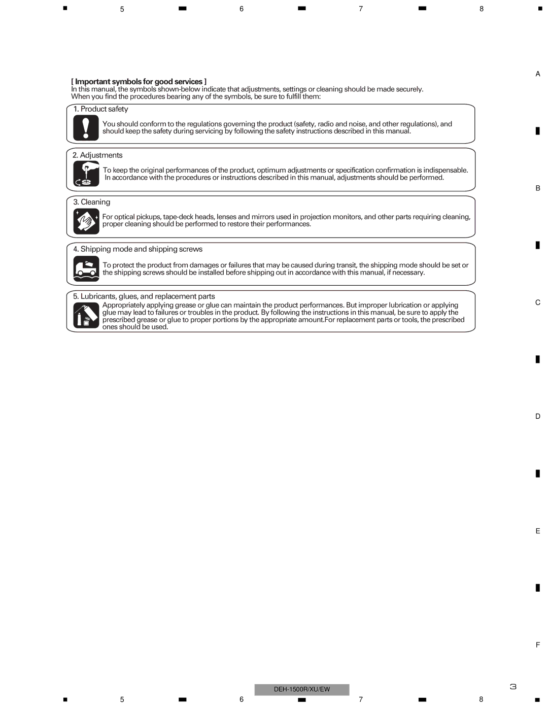 Pioneer DEH-1500RXU/EW, DEH-1510XU/EE, DEH-1530RXU/EW service manual Important symbols for good services 