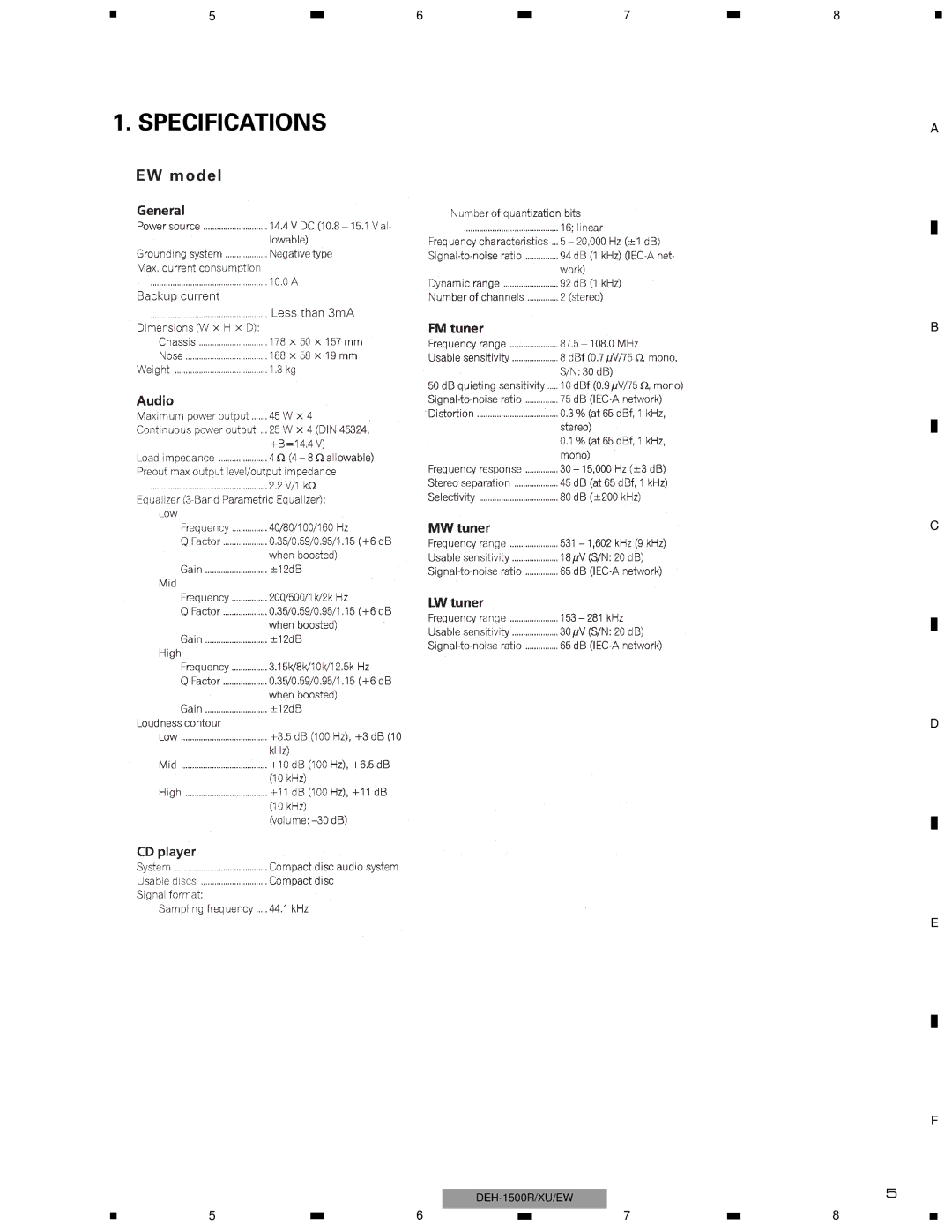 Pioneer DEH-1530RXU/EW, DEH-1500RXU/EW, DEH-1510XU/EE service manual Specifications, EW model 