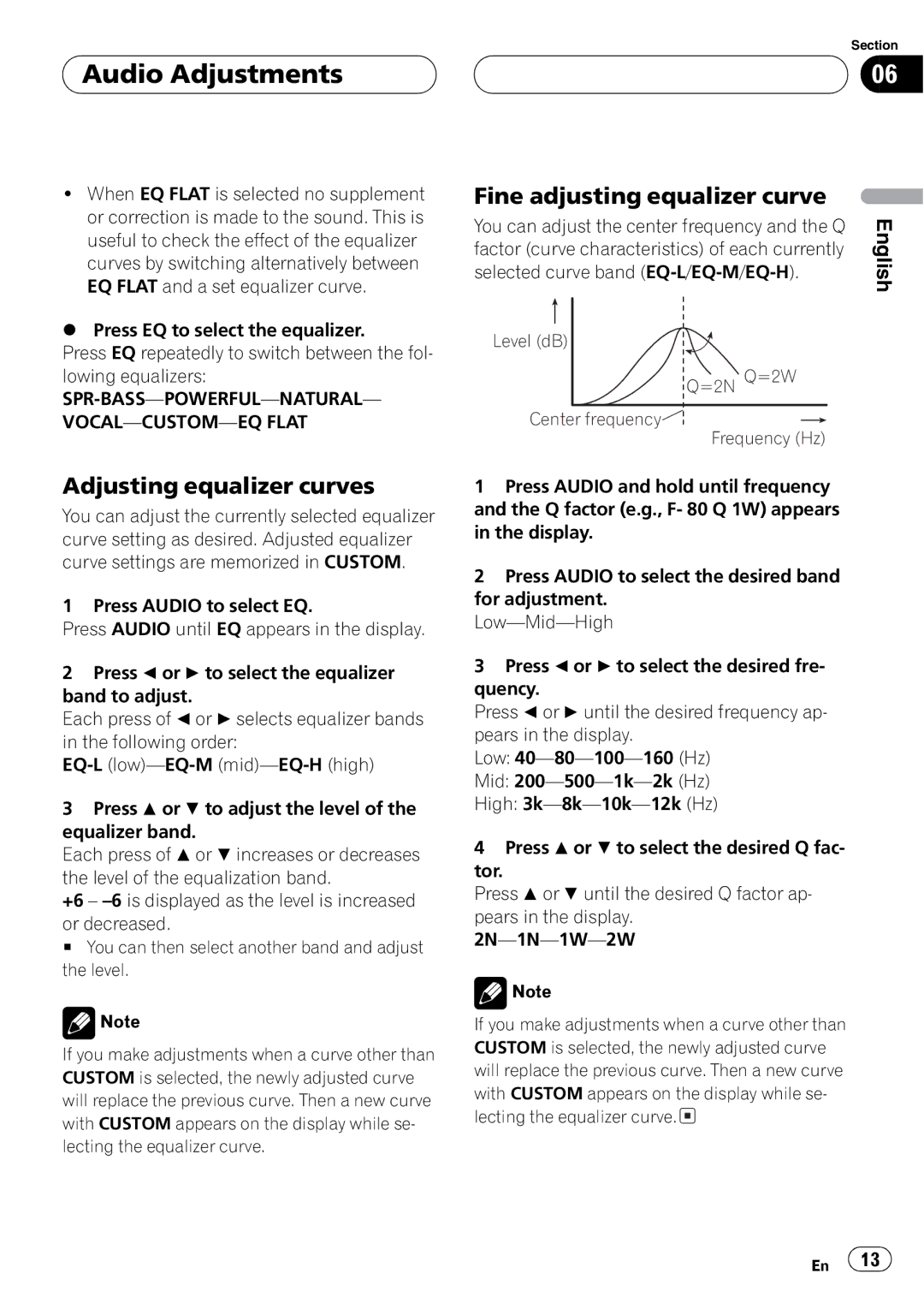 Pioneer DEH-1600 operation manual Level dB =2N Q=2W Center frequency Frequency Hz 