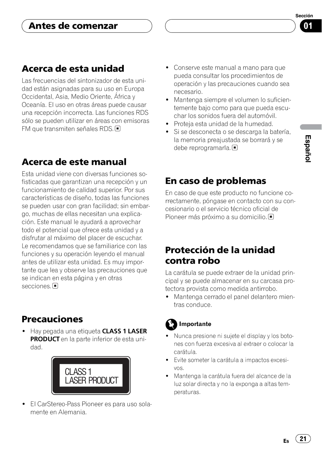 Pioneer DEH-1630R operation manual Class Laser Product 