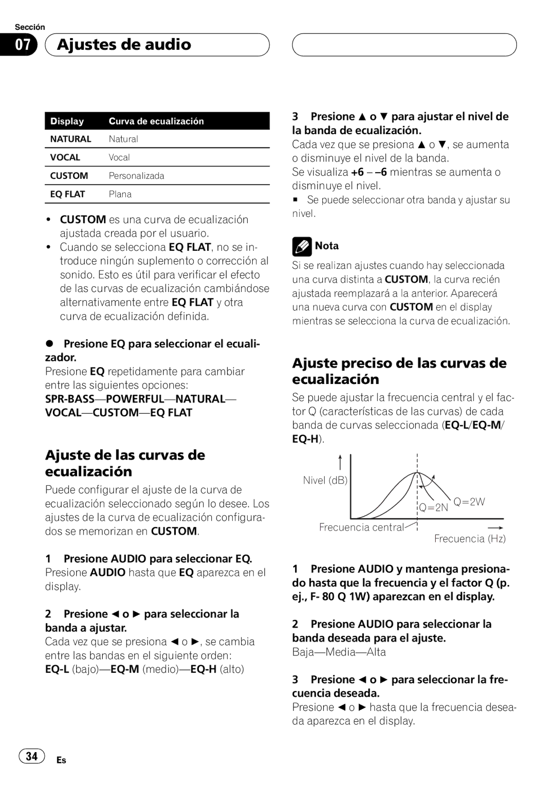 Pioneer DEH-1630R operation manual Nivel dB =2N Q=2W Frecuencia central Frecuencia Hz 