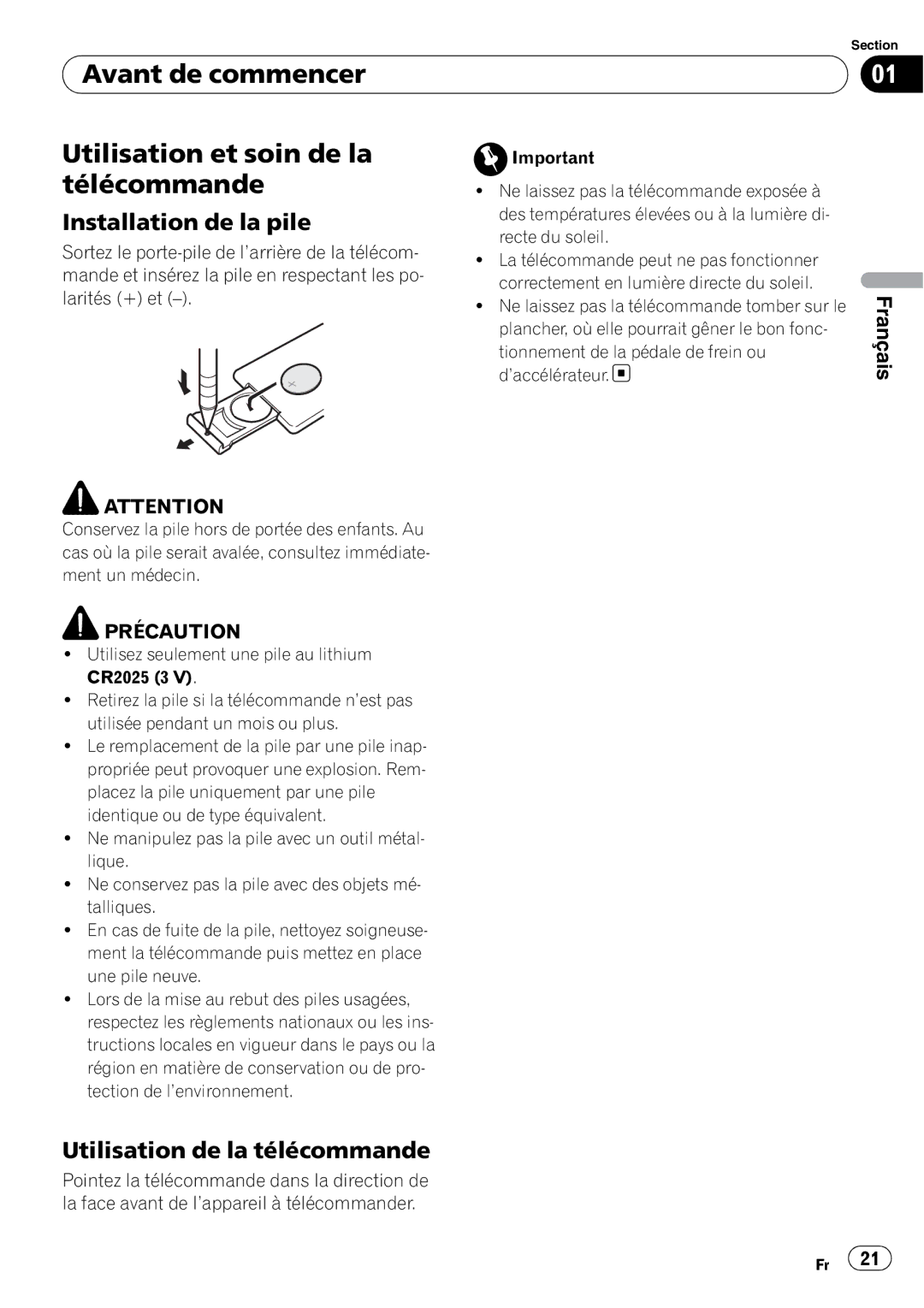 Pioneer DEH-1900MP operation manual Avant de commencer Utilisation et soin de la Télécommande, Installation de la pile 