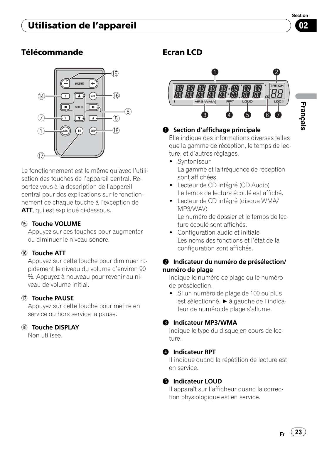 Pioneer DEH-1900MP operation manual Utilisation de l’appareil, Télécommande, Ecran LCD 