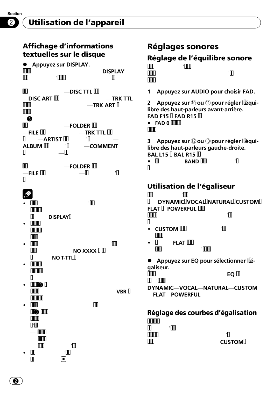 Pioneer DEH-1900MP Réglages sonores, Affichage d’informations, Textuelles sur le disque Réglage de l’équilibre sonore 