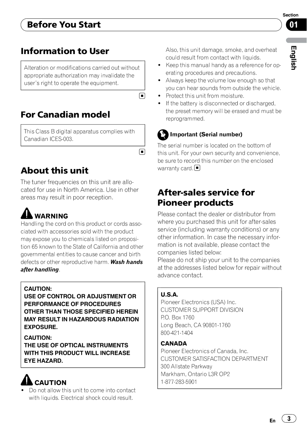 Pioneer DEH-1900MP operation manual Before You Start Information to User, For Canadian model, About this unit, Canada 