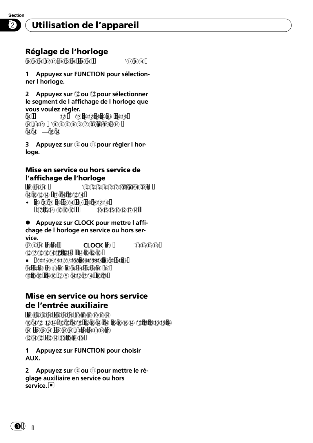 Pioneer DEH-1900MP operation manual Réglage de l’horloge, Mise en service ou hors service de l’entrée auxiliaire 