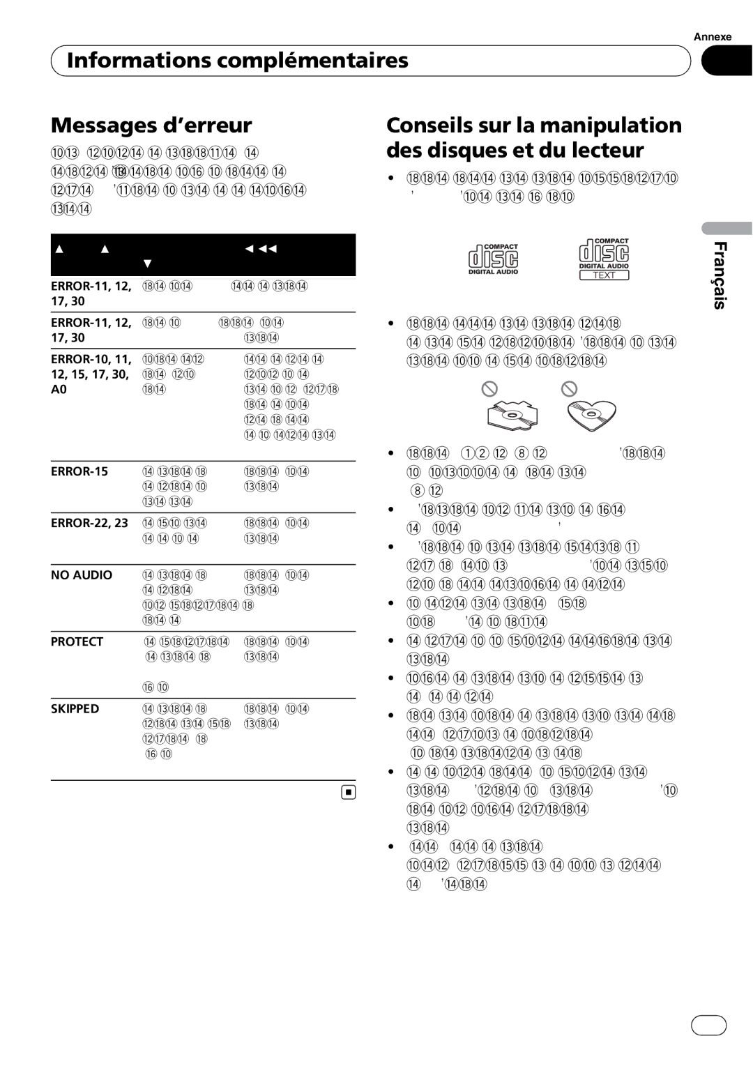 Pioneer DEH-1900MP Informations complémentaires Messages d’erreur, Conseils sur la manipulation des disques et du lecteur 