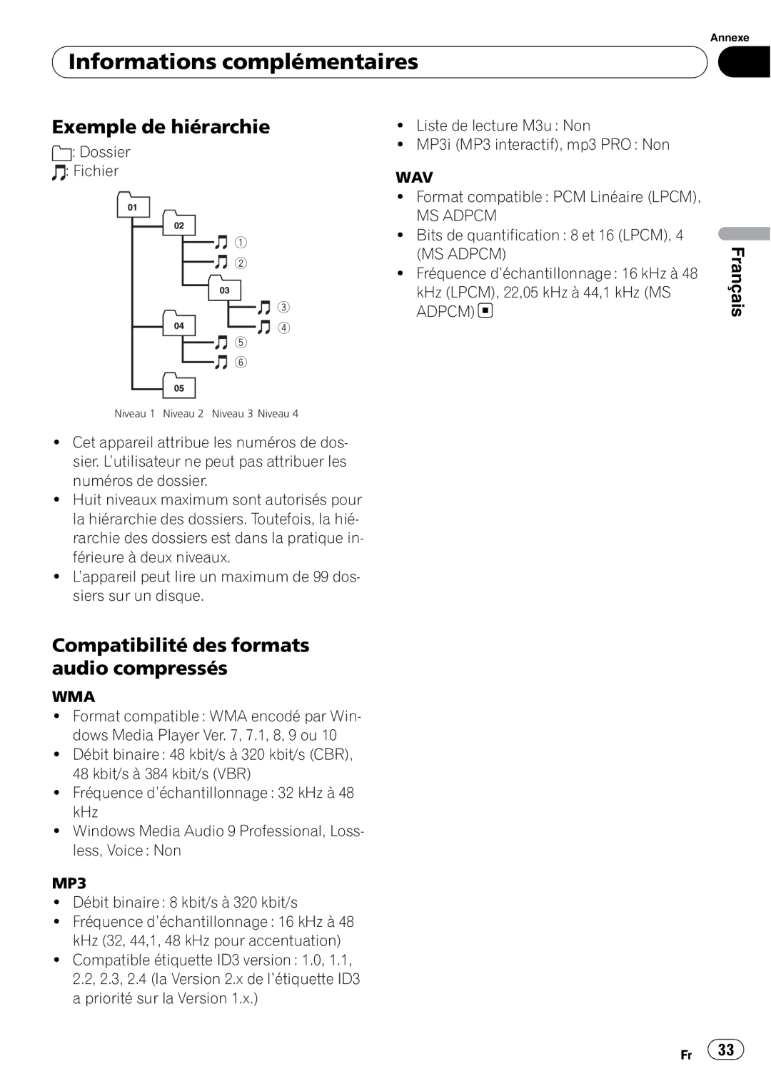 Pioneer DEH-1900MP operation manual Exemple de hiérarchie, Compatibilité des formats audio compressés, Dossier Fichier 