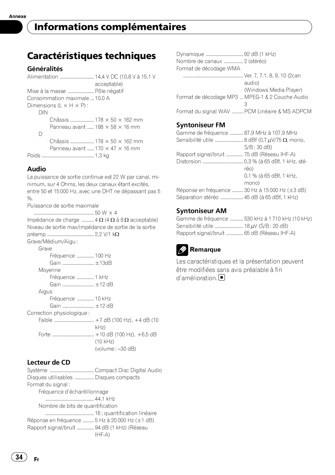 Pioneer DEH-1900MP Informations complémentaires Caractéristiques techniques, Généralités, Syntoniseur FM, Syntoniseur AM 