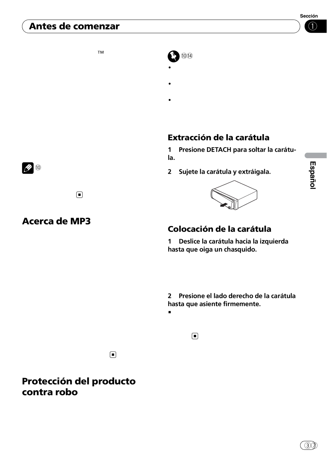 Pioneer DEH-1900MP Antes de comenzar, Acerca de MP3, Protección del producto contra robo, Extracción de la carátula 