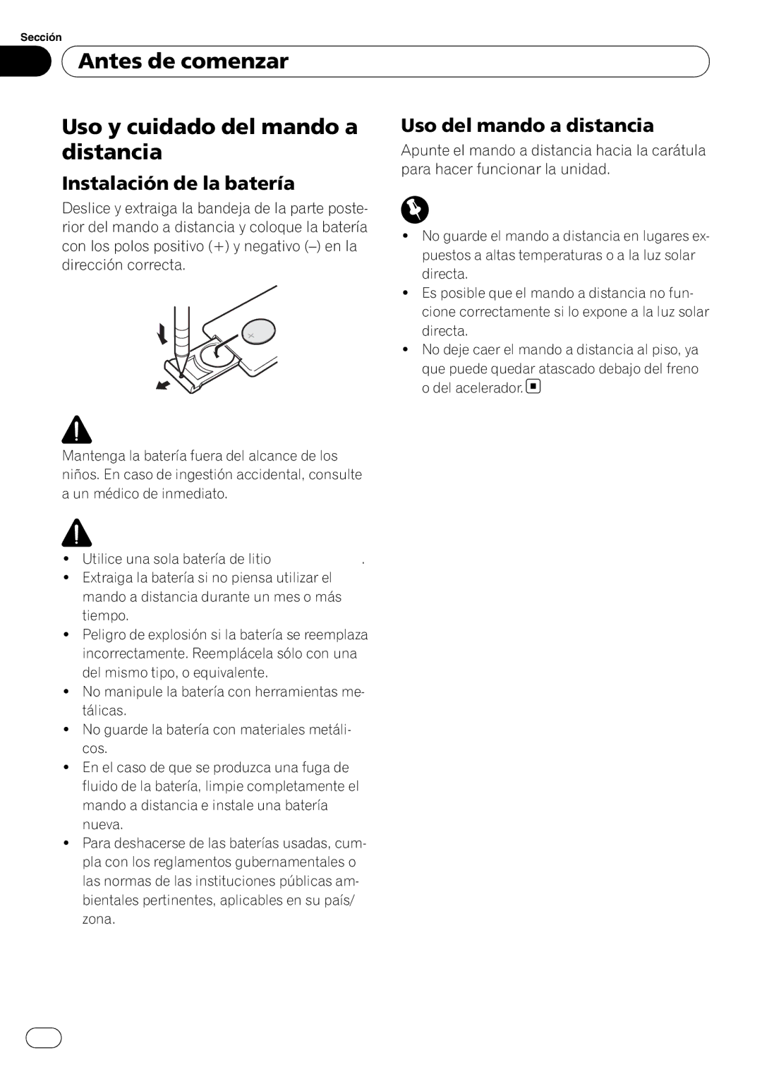 Pioneer DEH-1900MP operation manual Antes de comenzar Uso y cuidado del mando a, Distancia, Uso del mando a distancia 