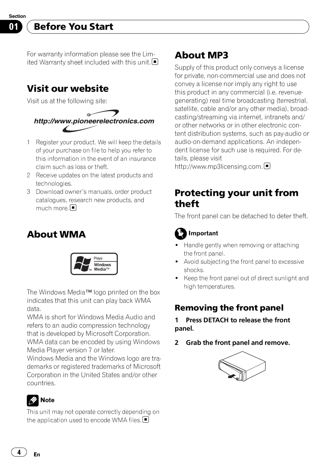 Pioneer DEH-1900MP Before You Start, About MP3, Visit our website, Protecting your unit from, Theft, About WMA 