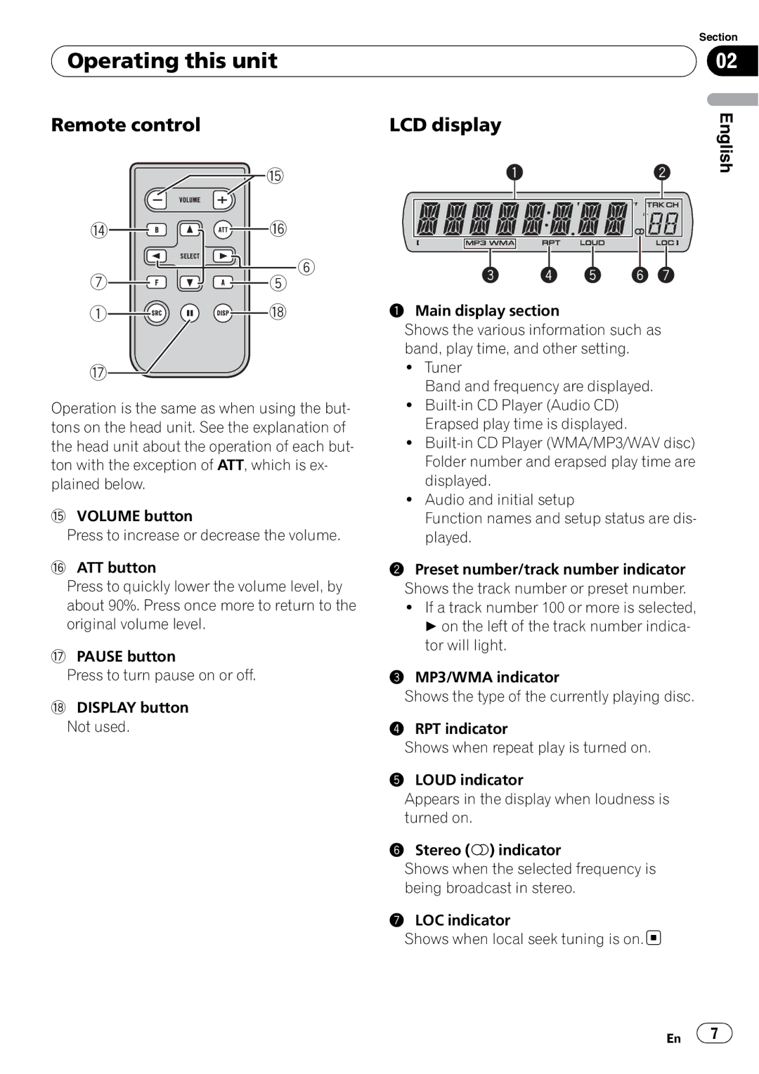 Pioneer DEH-1900MP operation manual Operating this unit, Remote control, LCD display 