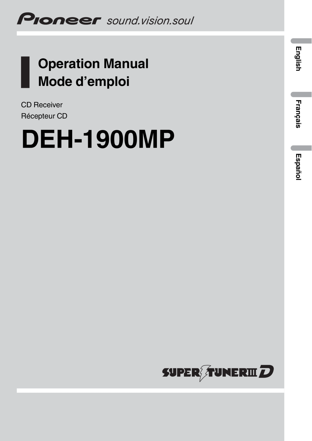Pioneer DEH-1900MP operation manual CD Receiver Récepteur CD, English Français Español 