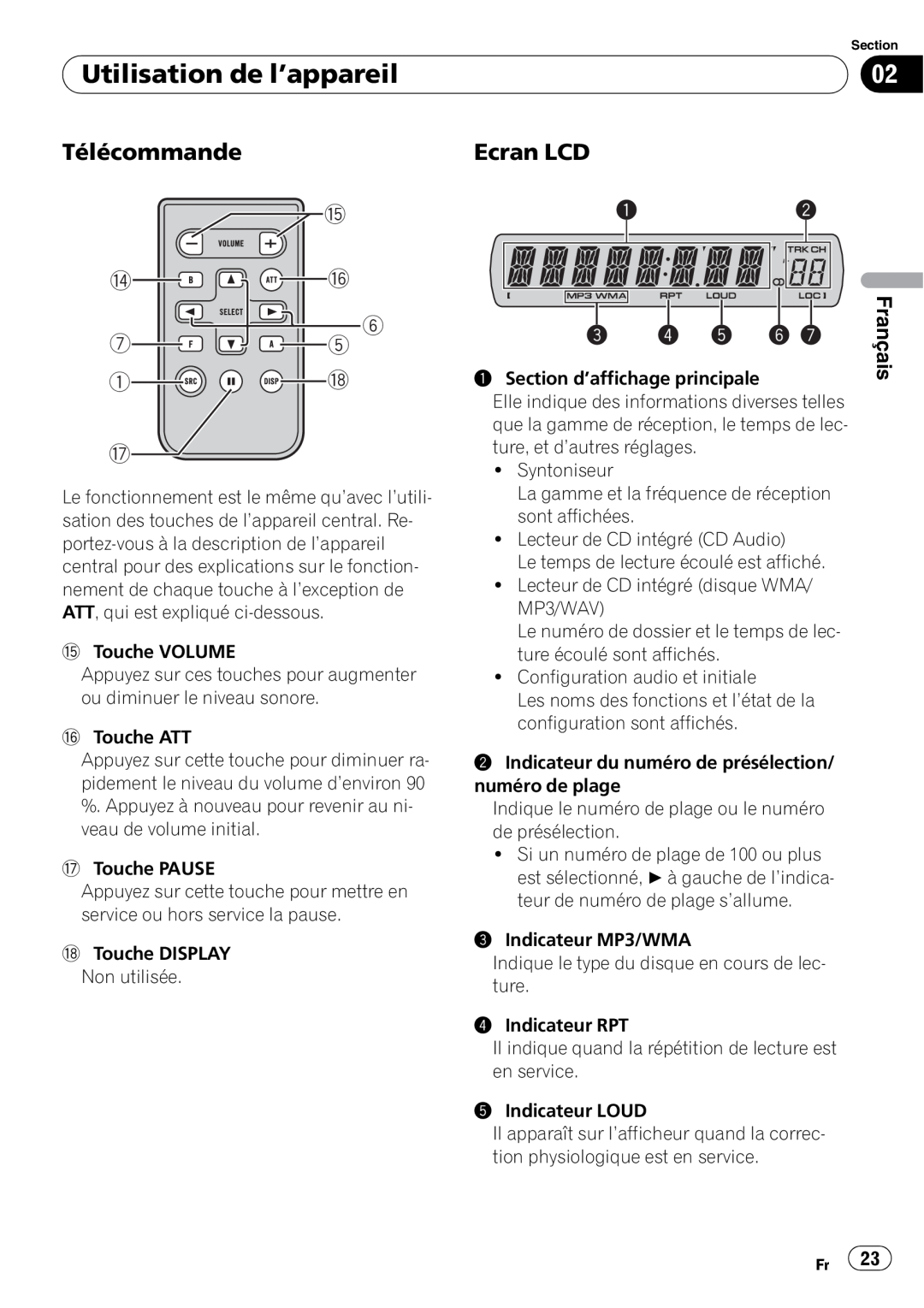 Pioneer DEH-1900MP operation manual Utilisation de l’appareil, Télécommande, Ecran LCD, f eg 6 75 1i h, Français 