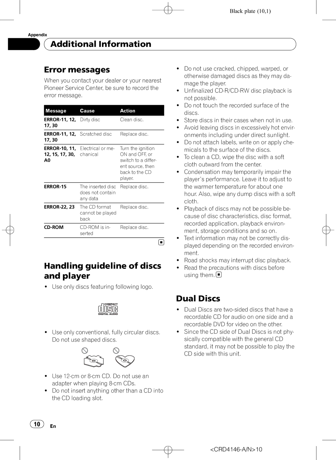 Pioneer DEH-1950 operation manual Additional Information Error messages, Handling guideline of discs, Player, Dual Discs 