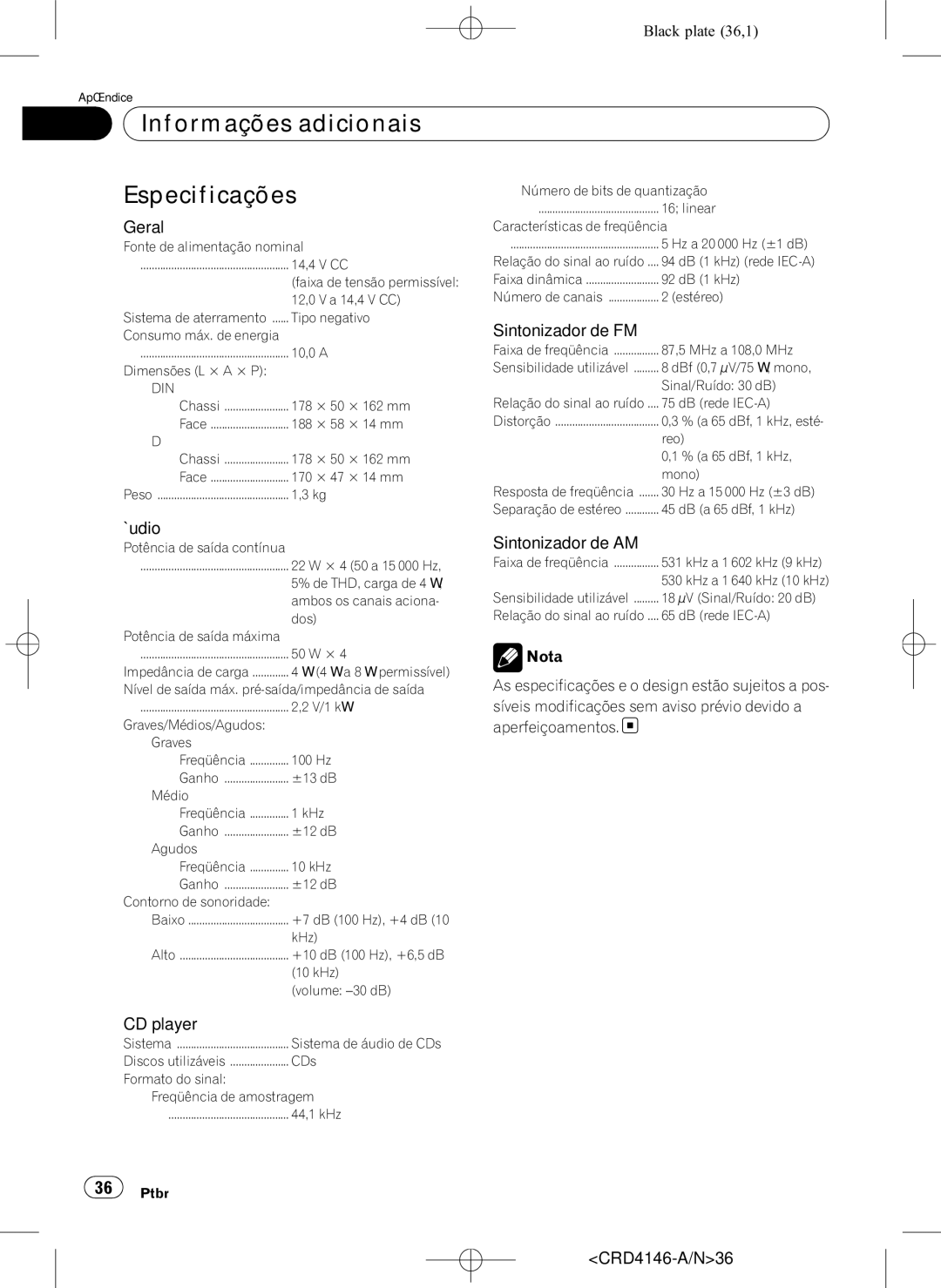 Pioneer DEH-1950 operation manual Informações adicionais Especificações, Geral 