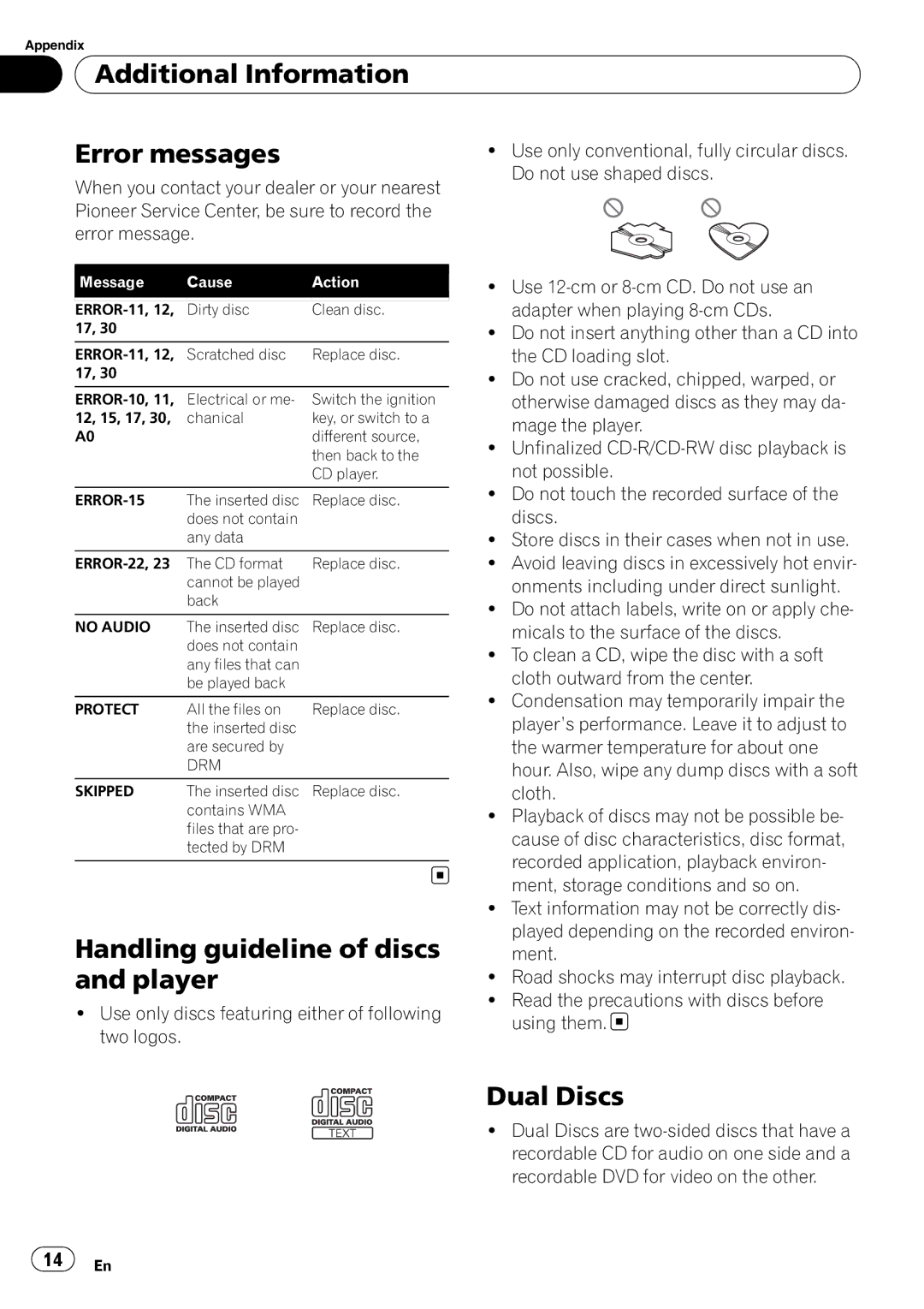 Pioneer DEH-2000MP operation manual Additional Information Error messages, Handling guideline of discs, Player, Dual Discs 