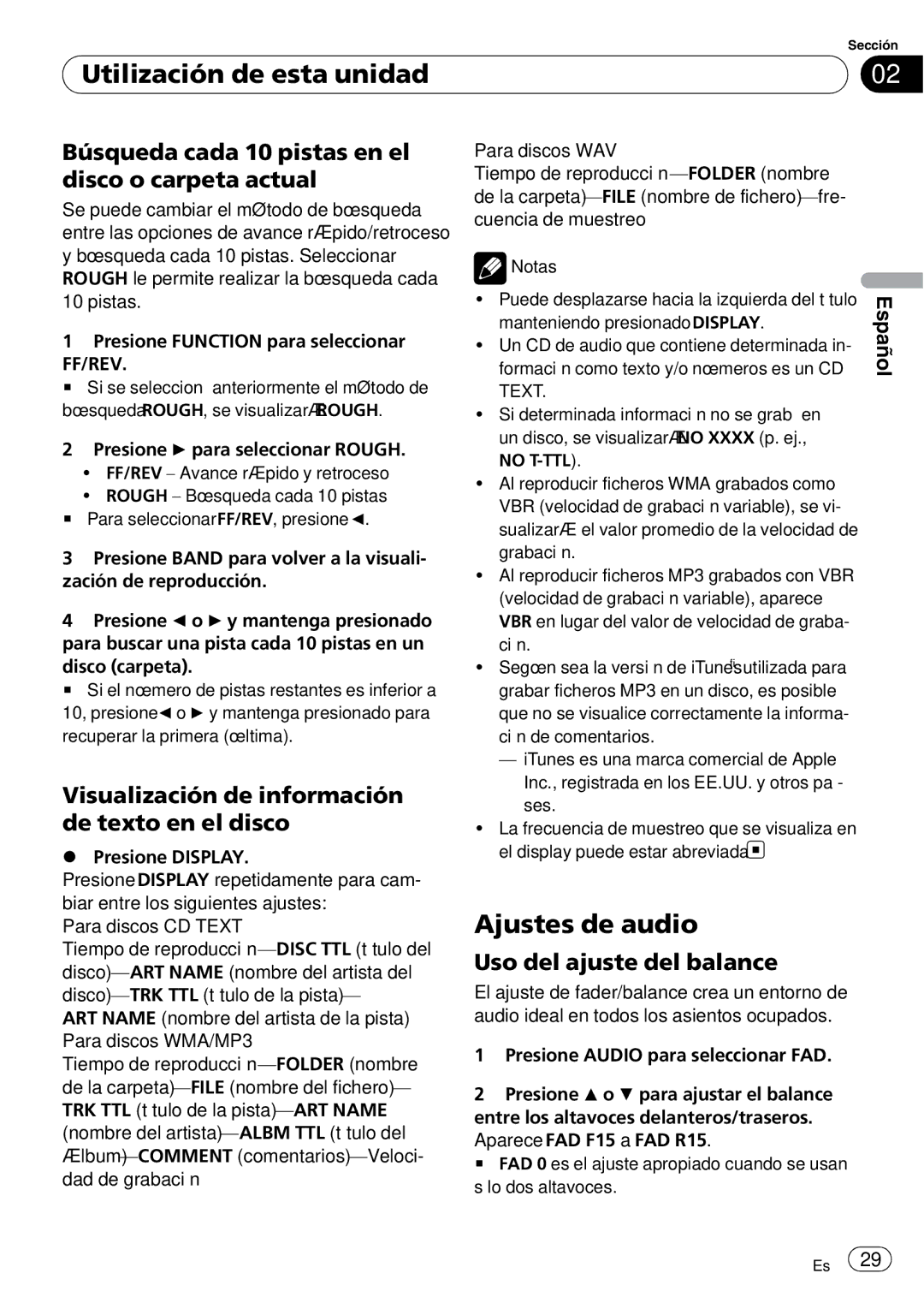 Pioneer DEH-2000MP Ajustes de audio, Búsqueda cada 10 pistas en el disco o carpeta actual, Uso del ajuste del balance 