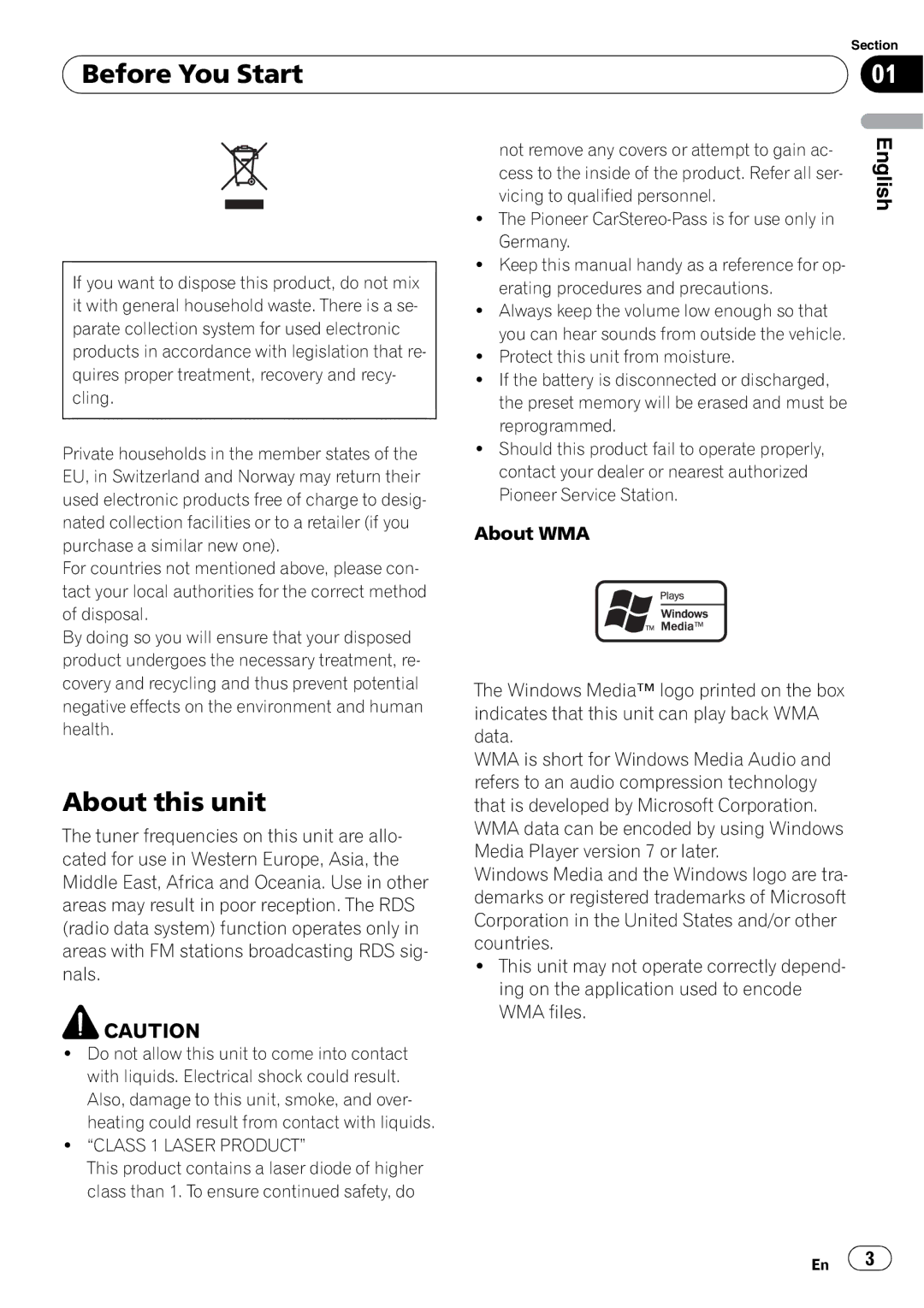 Pioneer DEH-2000MP operation manual Before You Start, About this unit, Class 1 Laser Product 