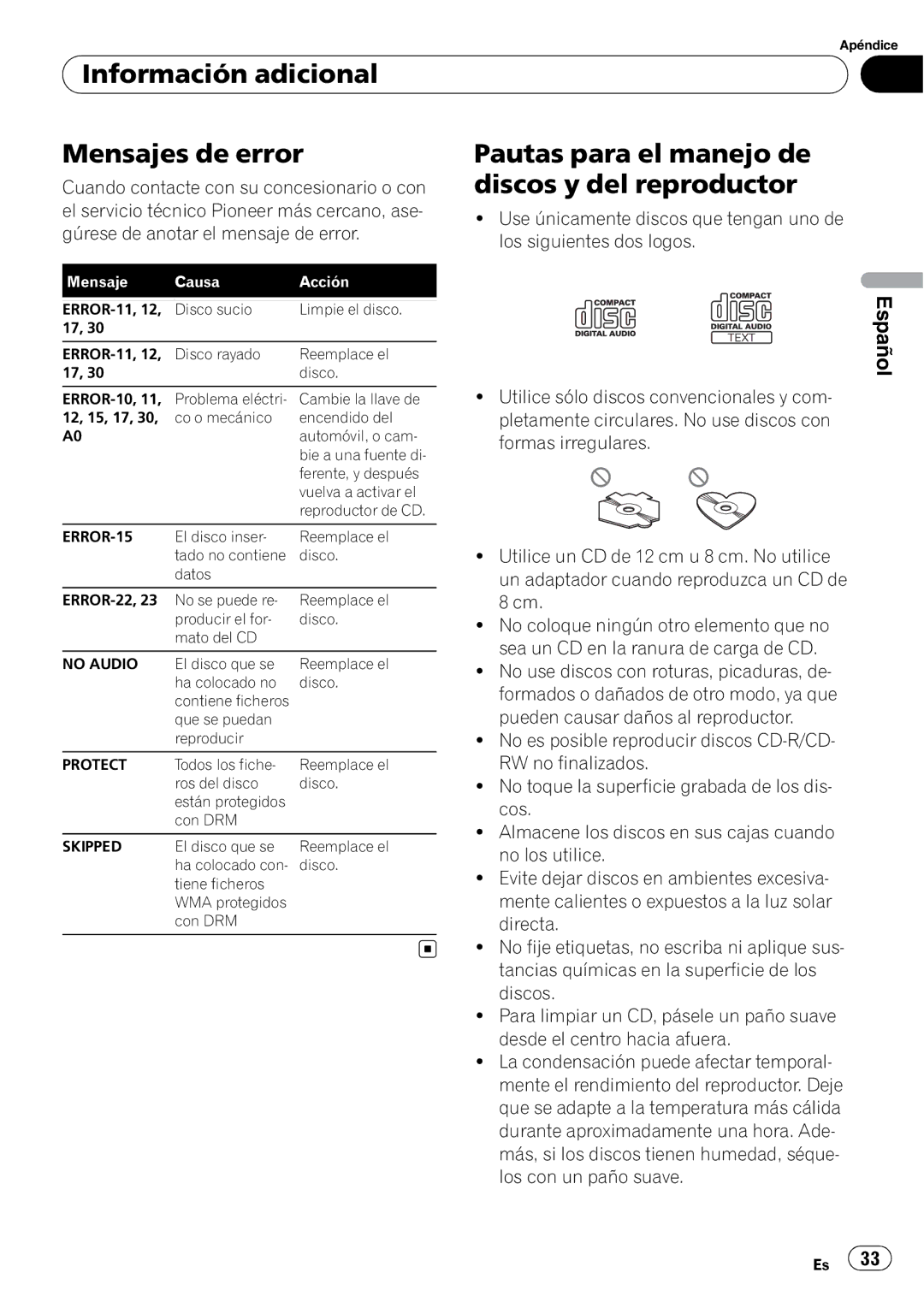 Pioneer DEH-2000MP Información adicional Mensajes de error, Pautas para el manejo de discos y del reproductor 