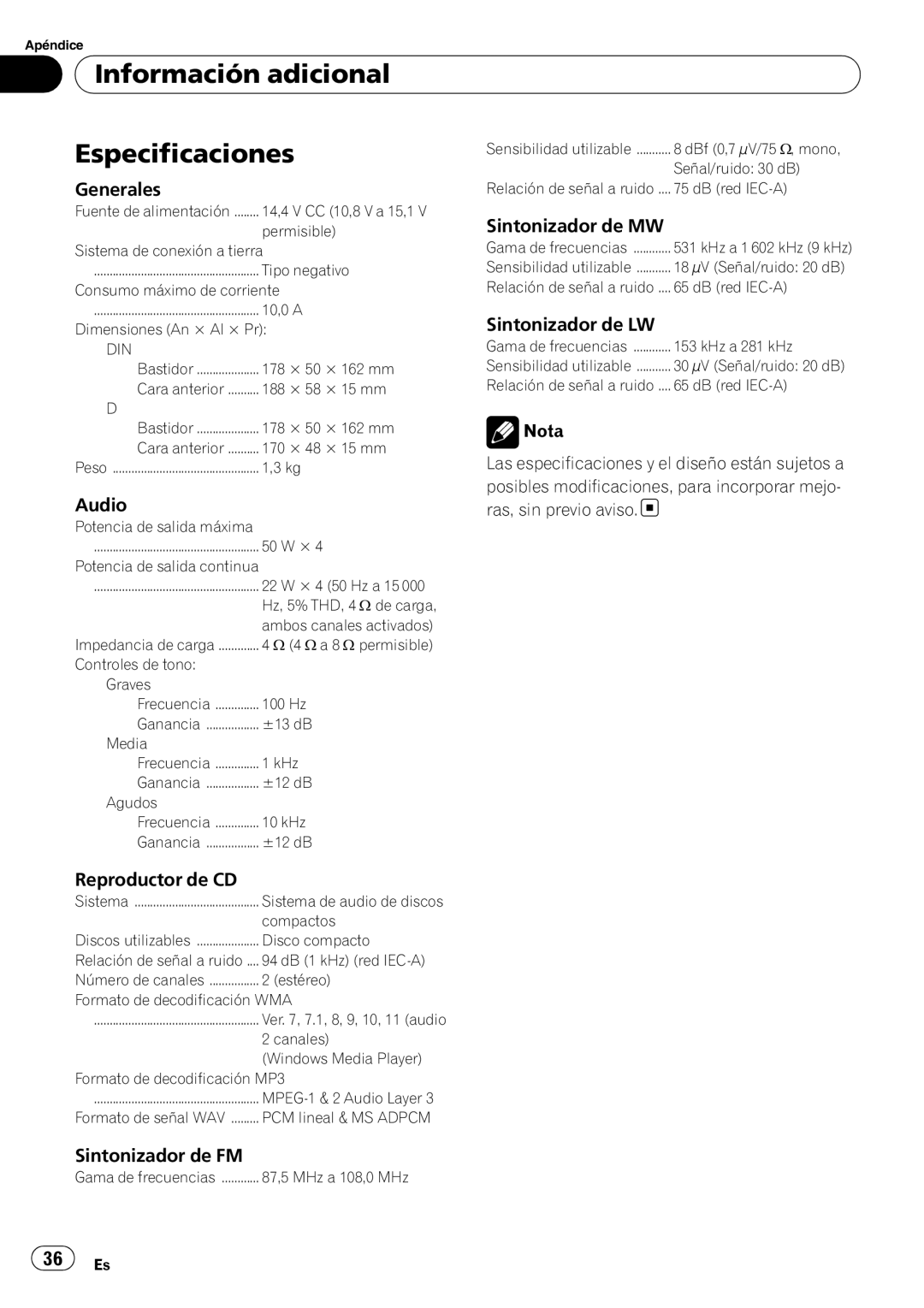 Pioneer DEH-2000MP operation manual Información adicional Especificaciones 