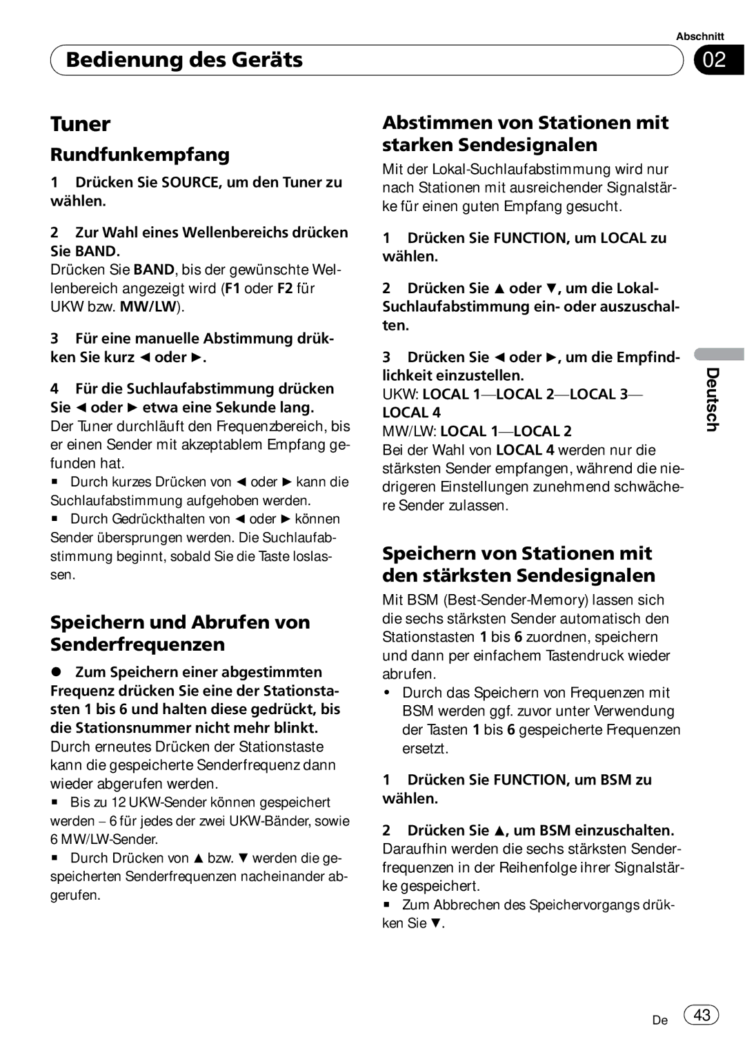 Pioneer DEH-2000MP operation manual Bedienung des Geräts Tuner, Rundfunkempfang, Speichern und Abrufen von Senderfrequenzen 