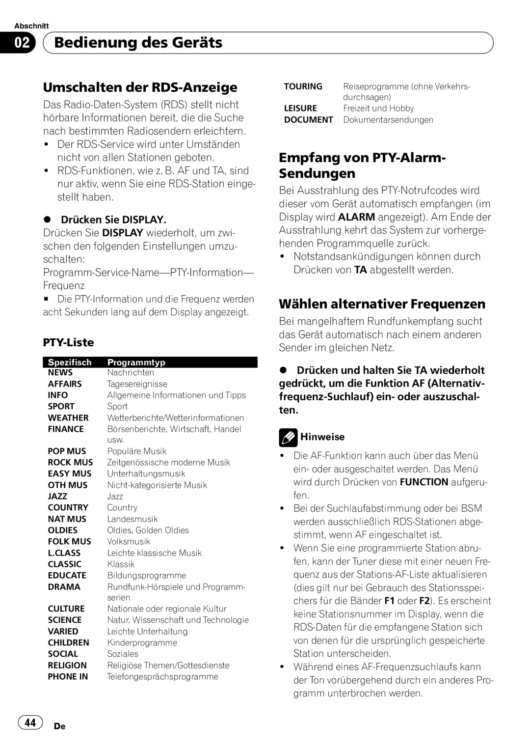 Pioneer DEH-2000MP Umschalten der RDS-Anzeige, Empfang von PTY-Alarm- Sendungen, Wählen alternativer Frequenzen, PTY-Liste 