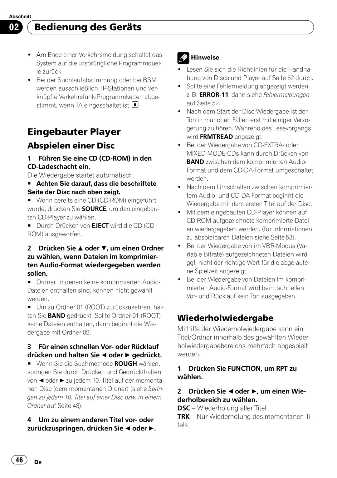 Pioneer DEH-2000MP operation manual Eingebauter Player, Abspielen einer Disc, Wiederholwiedergabe 