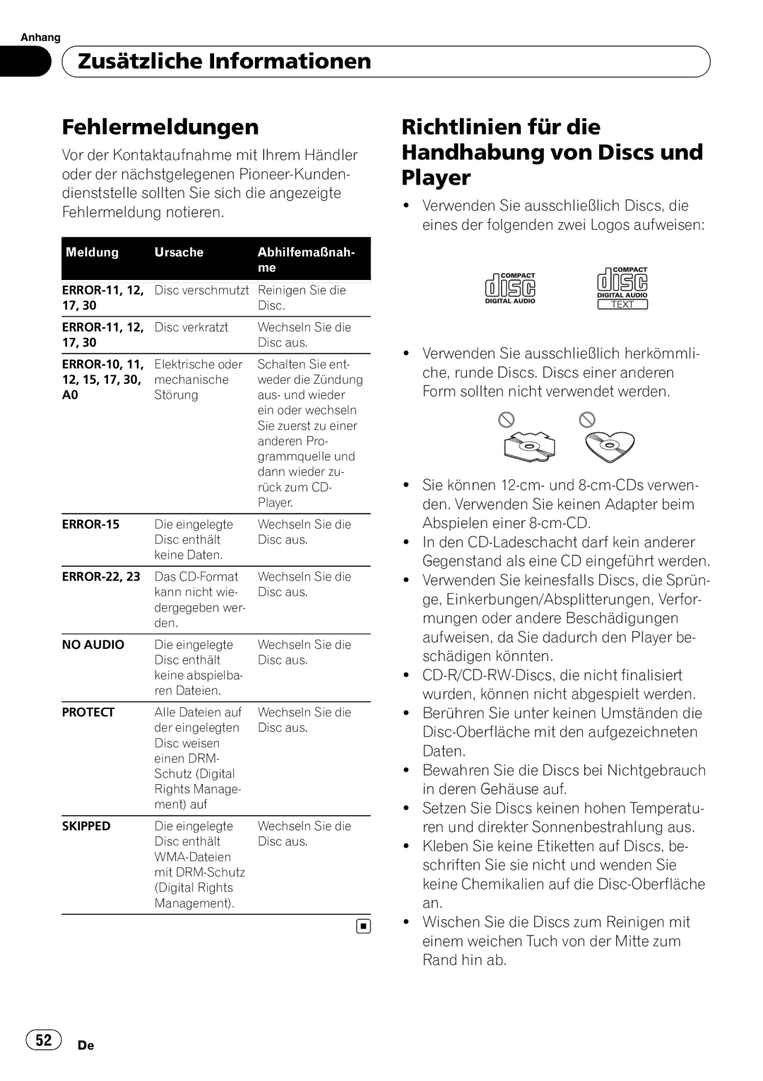 Pioneer DEH-2000MP operation manual Handhabung von Discs und, Vor der Kontaktaufnahme mit Ihrem Händler 