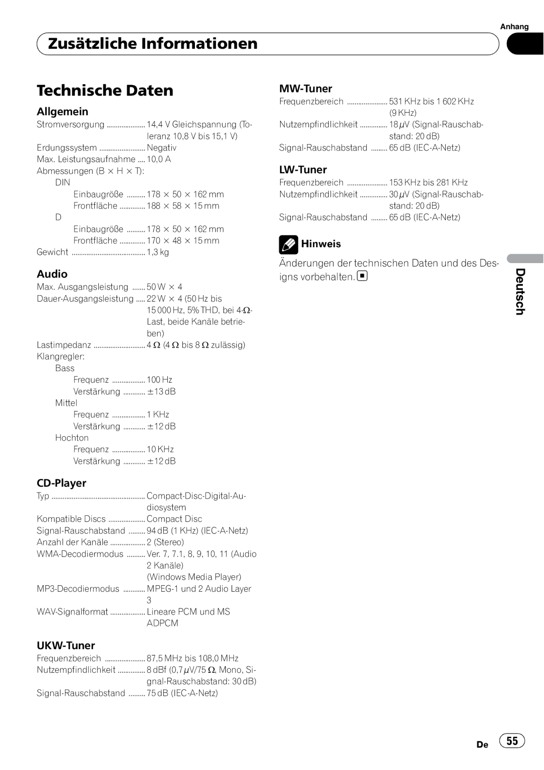 Pioneer DEH-2000MP operation manual Zusätzliche Informationen Technische Daten 