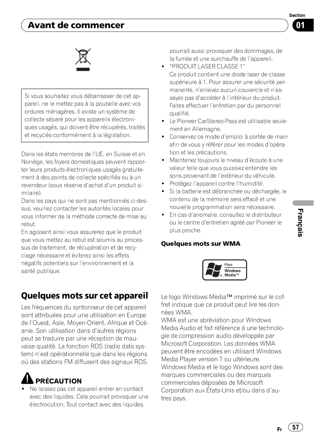 Pioneer DEH-2000MP operation manual Avant de commencer, Quelques mots sur cet appareil, Produit Laser Classe 