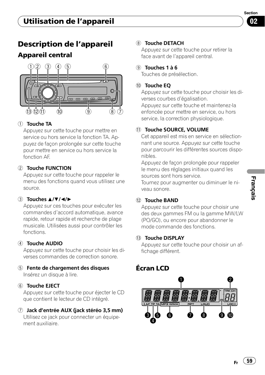 Pioneer DEH-2000MP operation manual Utilisation de l’appareil Description de l’appareil, Appareil central, Écran LCD 