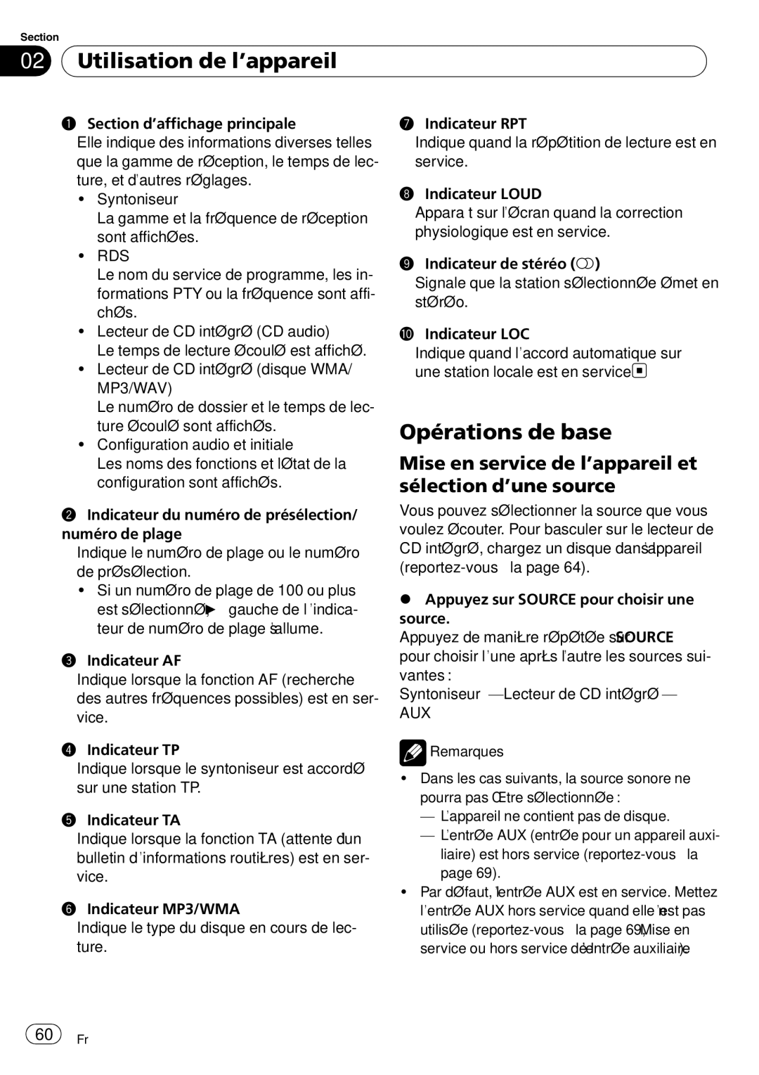 Pioneer DEH-2000MP Utilisation de l’appareil, Opérations de base, Mise en service de l’appareil et sélection d’une source 