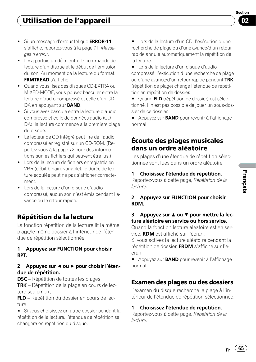 Pioneer DEH-2000MP operation manual Répétition de la lecture, Écoute des plages musicales dans un ordre aléatoire 