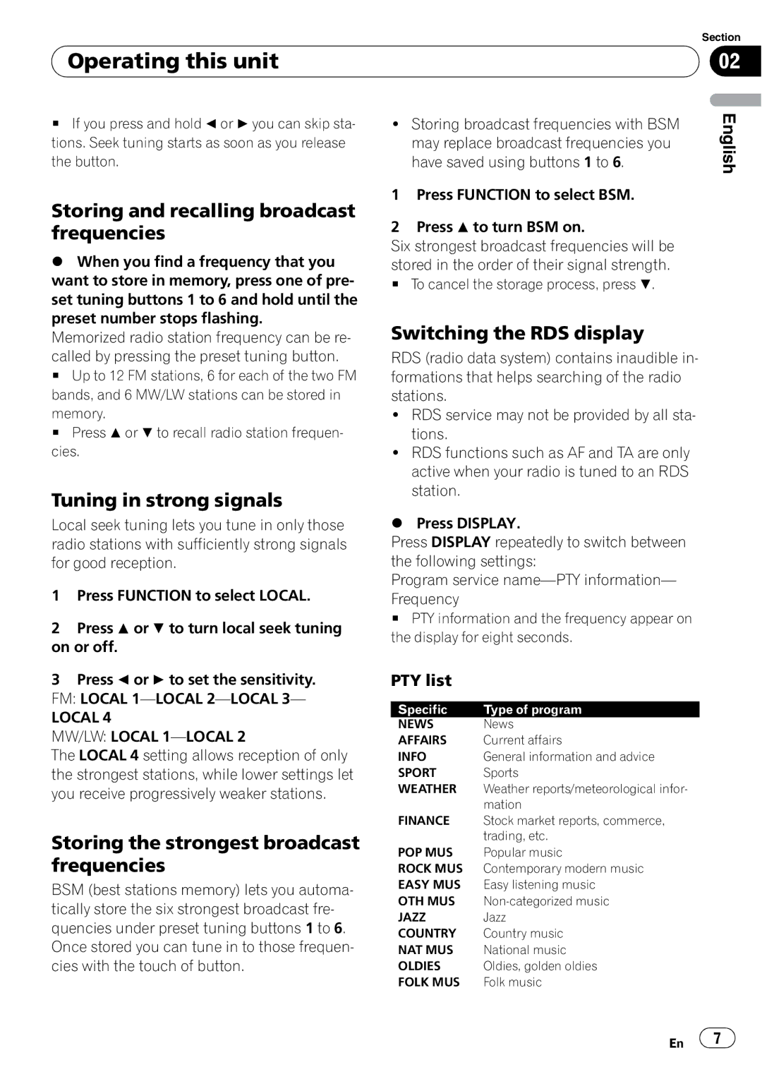 Pioneer DEH-2000MP Storing and recalling broadcast frequencies, Tuning in strong signals, Switching the RDS display 