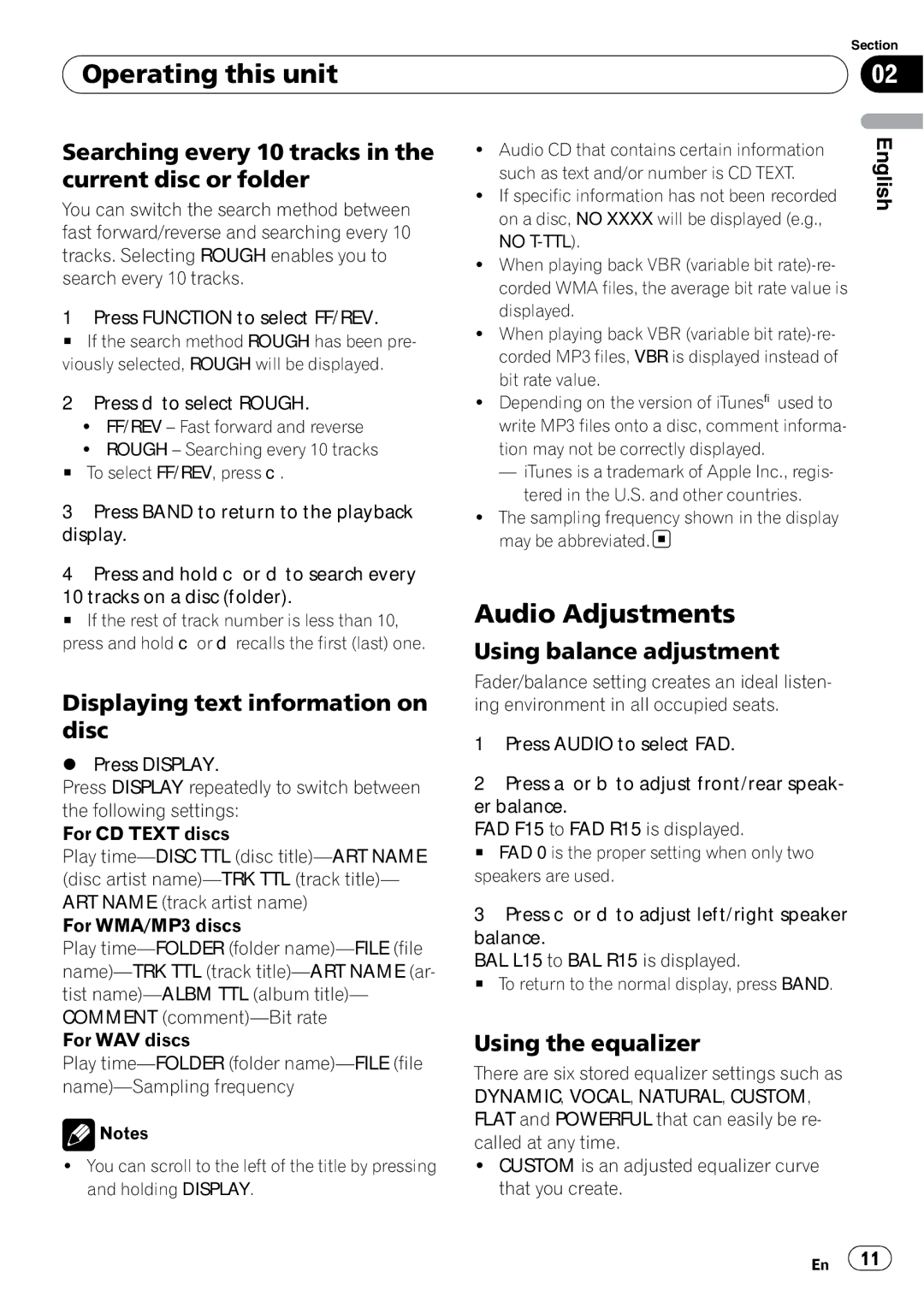 Pioneer DEH-200MP Audio Adjustments, Searching every 10 tracks in the current disc or folder, Using balance adjustment 